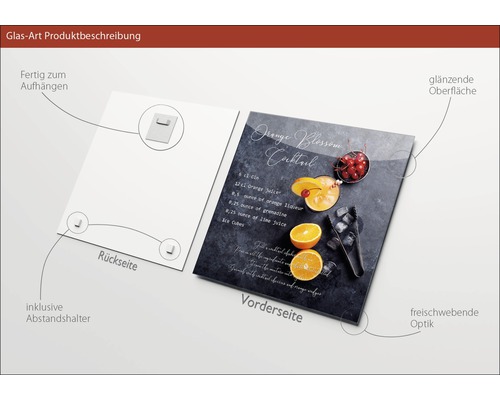 Glazen foto met het recept voor Orange Blossom Cocktail, inclusief afstandhouder, glanzend oppervlak en ophangsysteem