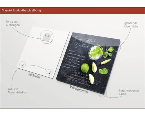 Glazen schilderij met cocktailrecept en bevestigingsmateriaal voor de wand
