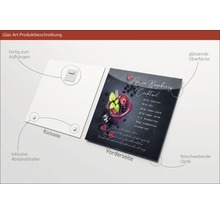 Productbeschrijving: Glazen foto met cocktailrecept, inclusief ophangsysteem en afstandhouders