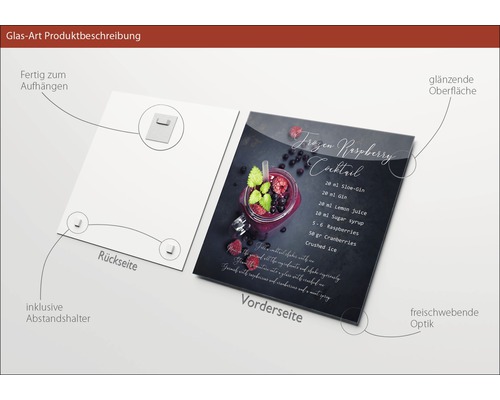 Productbeschrijving: Glazen foto met cocktailrecept, inclusief ophangsysteem en afstandhouders