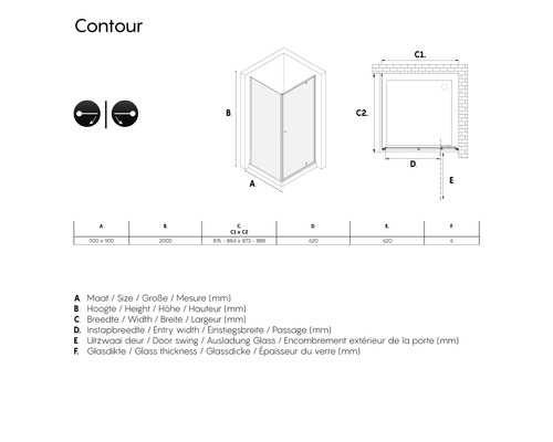 Technische tekening van een douchecabine met afmetingen