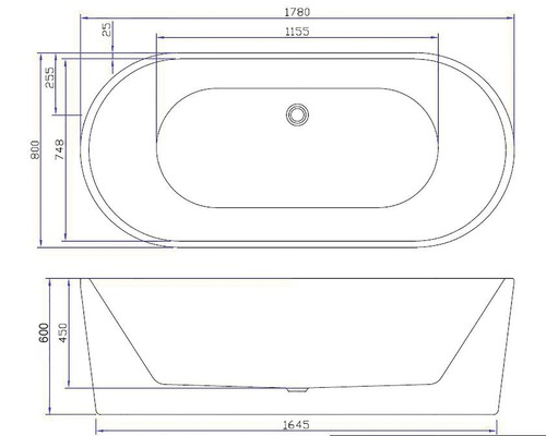 Technische tekening van een vrijstaand bad met afmetingen