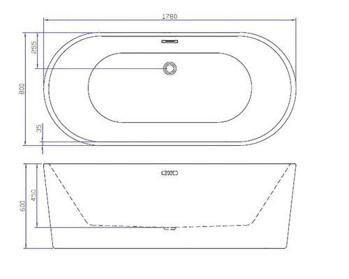 Tekening van een vrijstaand bad met afmetingen