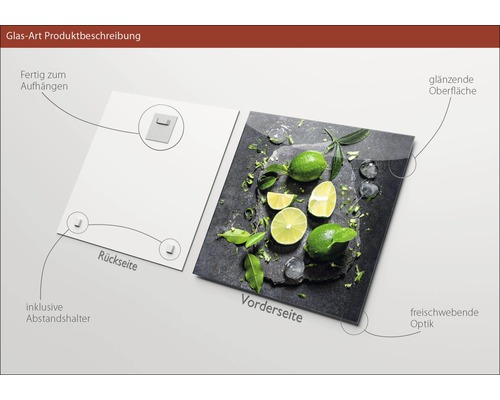 Glazen decoratie met afbeelding van limoenen, inclusief ophangsysteem en afstandhouders