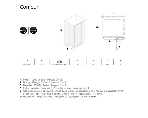 Technische tekening van een douchecabine met maatvoering