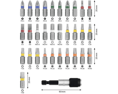 Assortiment van diverse schroevendraaierbits inclusief magnetische bithouder met een lengte van 60 millimeter.