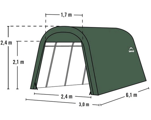 Afbeelding van een ShelterLogic opslagtent met afmetingen