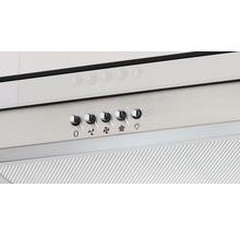 Bedieningspaneel van een afzuigkap met diverse knoppen voor het bedienen van ventilatorsnelheden en verlichting