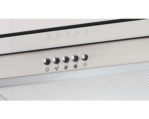 Bedieningspaneel van een afzuigkap met diverse knoppen voor het bedienen van ventilatorsnelheden en verlichting