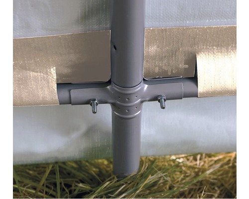 Detailopname van een metalen tentframe met schroefbevestiging