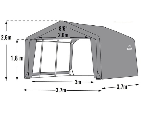 Afbeelding van een ShelterLogic opslagtent met afmetingen