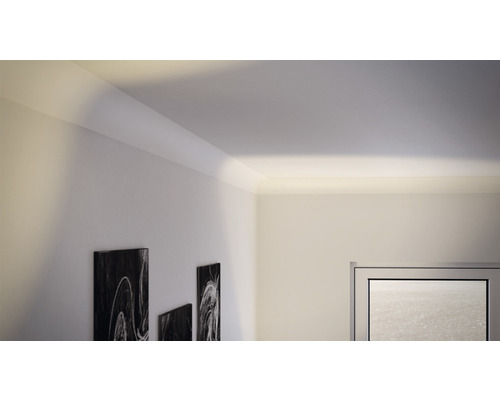 Hoek van de kamer met plafondlijst en indirecte verlichting