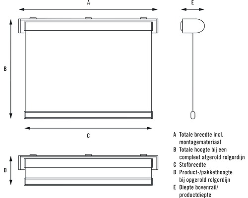 Diagram met afmetingen van een rolgordijn, inclusief breedte, hoogte en diepte