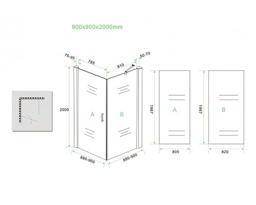 Technische tekening van een douchecabine met afmetingen
