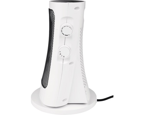 Witte ventilatorkachel met ronde basis en temperatuurregelaar