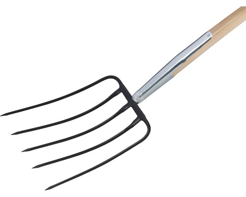 Mestvork met houten steel en vijf tanden