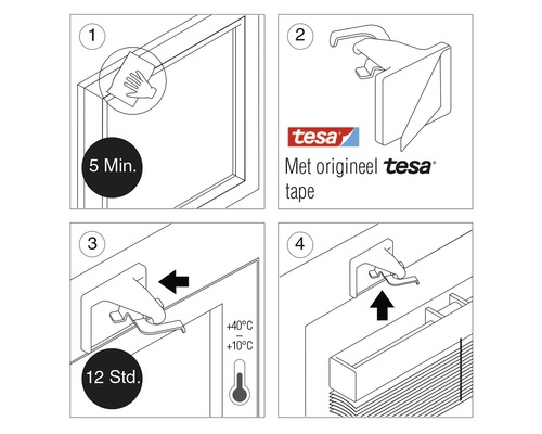 Instructies voor het bevestigen van een artikel met Tesa plakband in vier stappen