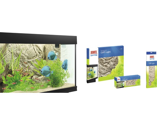 Aquarium met vissen, planten en Juwel Cliff Light achtergrond en productverpakkingen