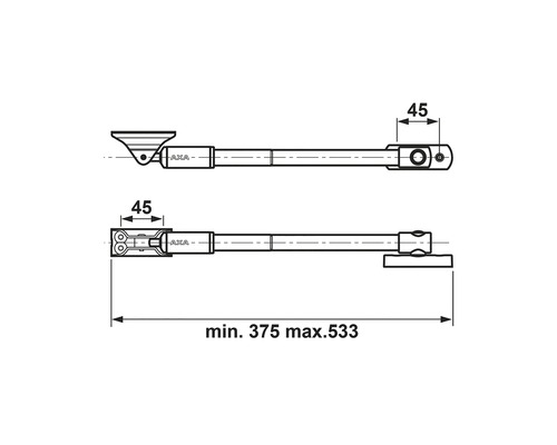Technische tekening van een raamuitzetter met maatvoering