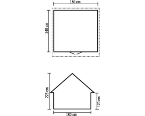 Plattegrondtekening van een tuinhuis met afmetingen