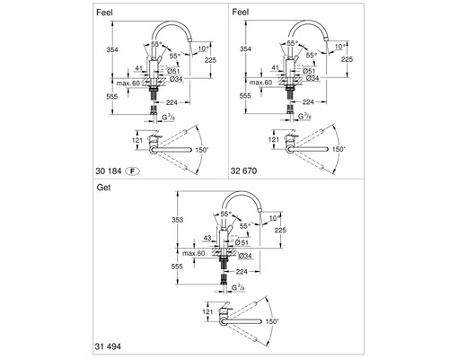Technische tekening van drie kranen met maataanduidingen