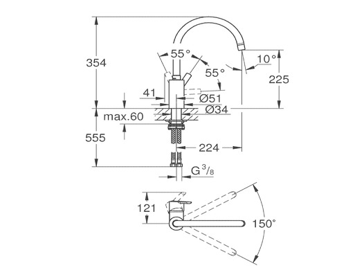 Technische tekening van een kraan met maatvoering