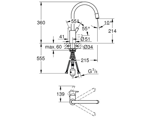 Technische tekening van een keukenkraan met afmetingen