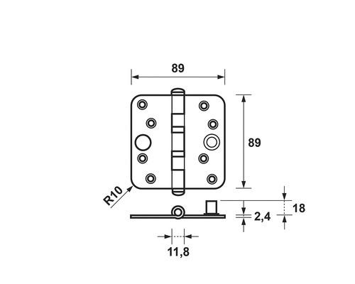 Technische tekening van een scharnier met maatvoering