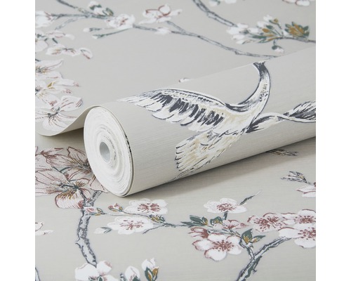 Rol behang met kraanvogel- en bloemmotief