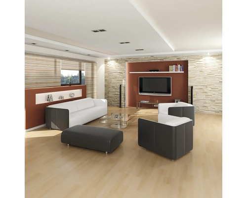 Lichte woonkamer met bank, fauteuil, kruk, televisie en stenen muur