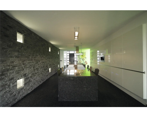 Lichte ruimte met stenen decoratieve wand, eettafel en kitchenette.