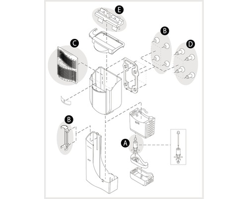 Explosietekening van een reinigingsstation met diverse onderdelen en bevestigingsmaterialen.