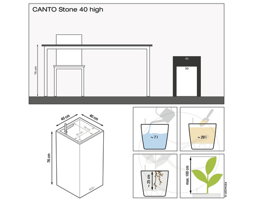 Illustratie van de afmetingen en capaciteit van de CANTO Stone 40 plantenbak