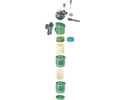 Explosietekening van een vijverfilter met diverse filtermedia en accessoires.