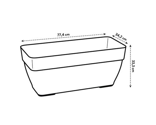 Illustratie van een plantenbak met de afmetingen 77,4 cm lengte, 34,2 cm breedte en 33,3 cm hoogte