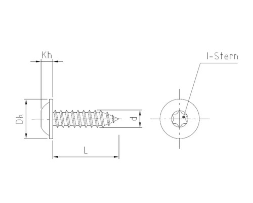 Technische tekening van een schroef met I-ster aandrijving