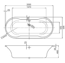 Technische tekening van een badkuip met maatvoering