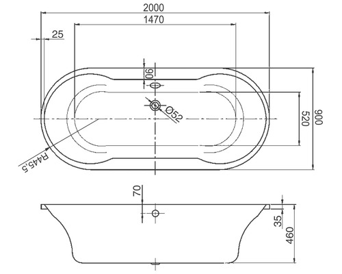 Technische tekening van een badkuip met maatvoering