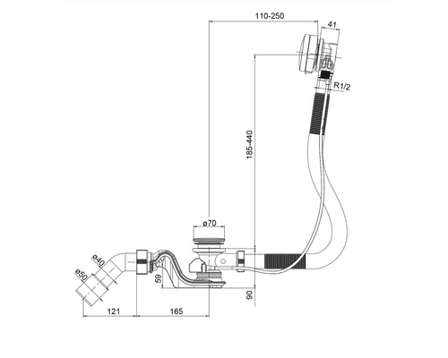Technische tekening van een bad afvoergarnituur met maataanduidingen