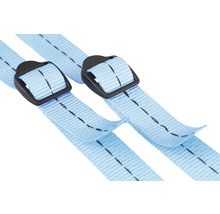 Twee lichtblauwe bagagebanden met zwarte gespen