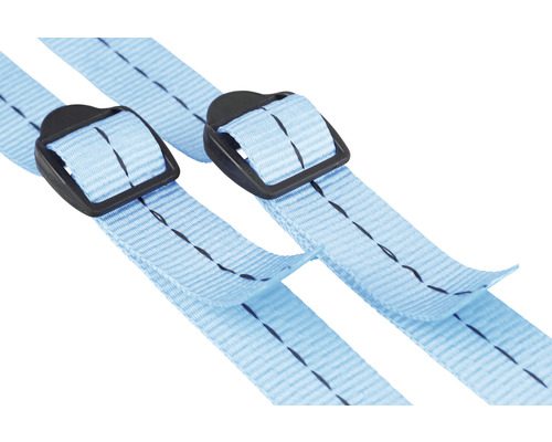 Twee lichtblauwe bagagebanden met zwarte gespen