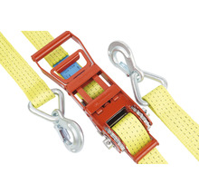 Gele spanband met ratel en haken voor ladingzekering