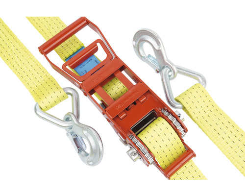 Gele spanband met ratel en haken voor ladingzekering