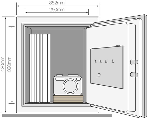 Illustratie van een kluis met open deur en maataanduidingen.