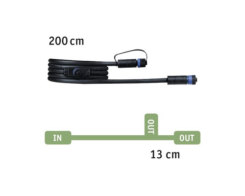 Aansluitkabel met connectoren en maatindicaties 200 cm en 13 cm
