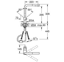 Technische tekening van een keukenkraan met afmetingen