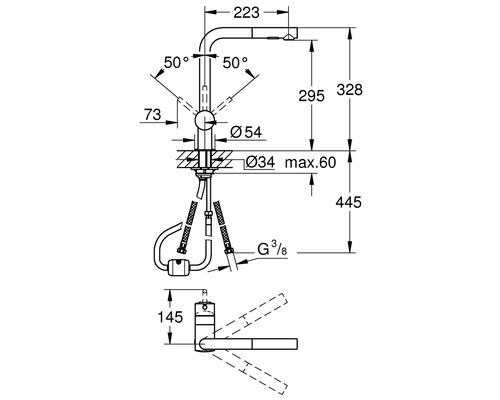 Technische tekening van een keukenkraan met afmetingen