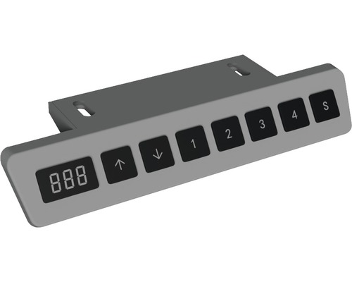 Bedieningselement voor een bureau met digitale display en knoppen voor hoogteverstelling.