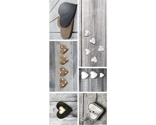 Collage van verschillende decoratieve harten op een houten achtergrond