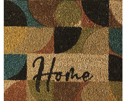 Kokosvezel deurmat met geometrisch patroon en de tekst Home